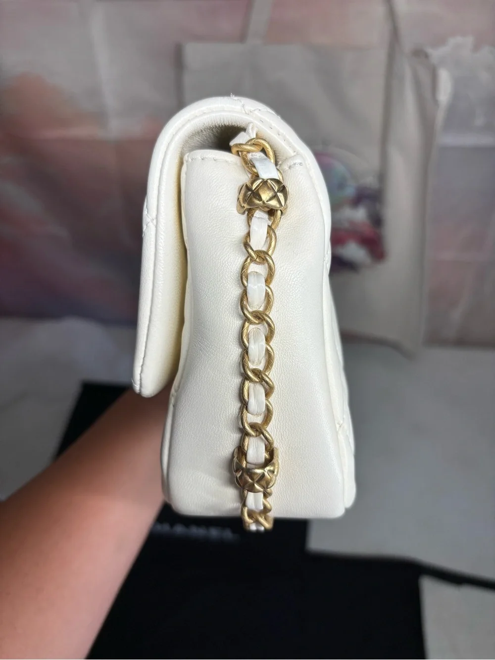 CHANEL White Quilted Lambskin Shoulder Bag with Gold Hardware